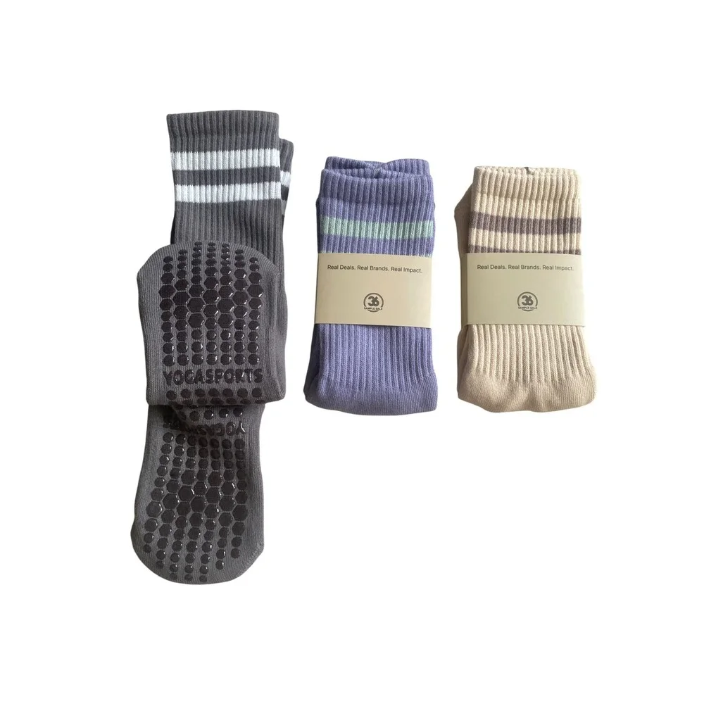 36 Sample Sale 3 Pack Grip Socks Grey Purple Cream Non-Slip Yoga Pilates Crew